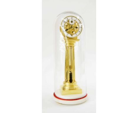 Good reproduction brass skeleton single fusee pillar clock, the 3" white chapter ring enclosing a skeletonised centre and sur