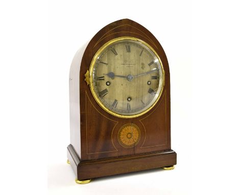 English mahogany three train bracket clock striking on five gongs, the 6" silvered convex dial signed Kirby, Beard & Co Limit