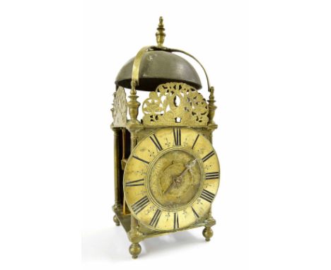 Brass verge hook and spike lantern clock, the 6.5" chapter ring enclosing a foliate engraved brass alarm dial, signed Tho. Wh