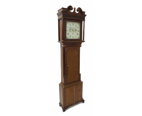 Oak and mahogany eight day longcase clock, the 14" square painted dial signed J & Rt. Coats, Wigan, with subsidiary seconds a