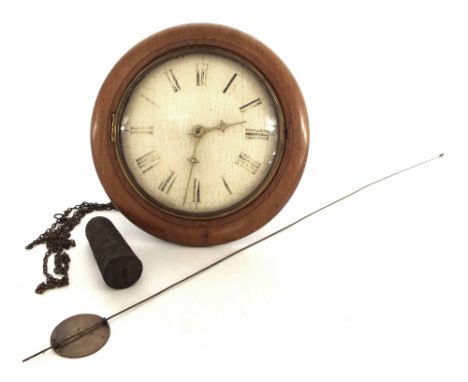 Walnut postman's alarm 9" wall dial clock (pendulum and weight)