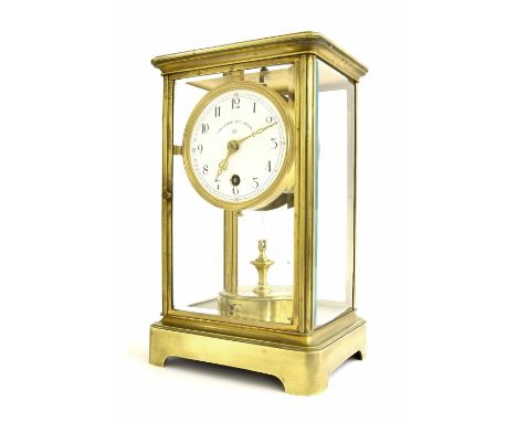 Grivolas 400 Day four glass mantel clock, the 3.75" white dial inscribed 'Pendule 400 Jours', over a disc pendulum, also insc