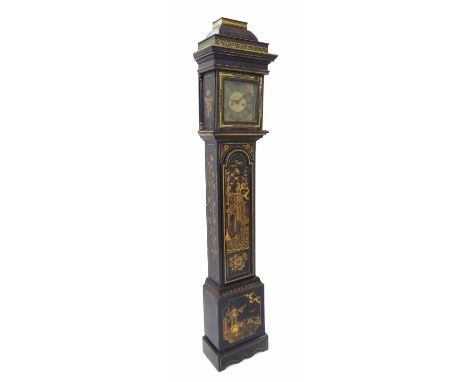 Black lacquer and chinoiserie decorated eight day longcase clock, the 10" square brass dial signed James Barrow, Harmitage, L