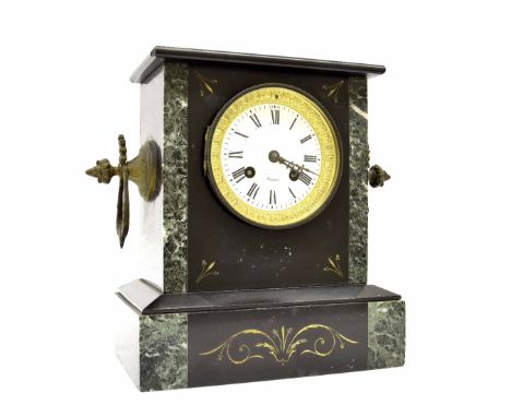 Black slate and green marble two train mantel clock striking on a bell, the 3.25" white dial signed Saumui, within a stepped 