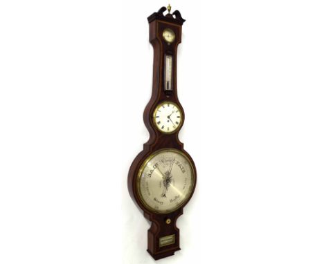 Fine mahogany and inlaid five glass banjo clock barometer signed V. Silvani & Co, Brighton on a silvered rectangular spirit l