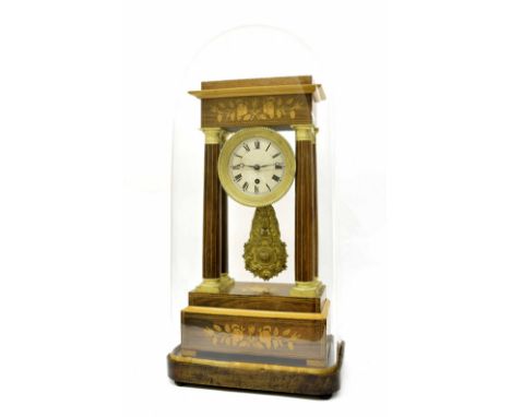 French rosewood portico clock timepiece, the 4.25" silvered dial within a stepped case inlaid with floral bouquets and boxwoo