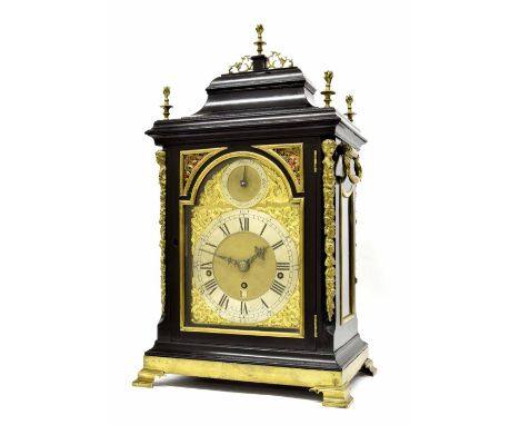 Fine English ebonised triple fusee verge bracket clock striking the quarters on a nest of eight bells and the hours on anothe