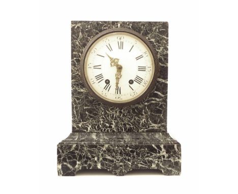 Green marble two train mantel clock striking on a gong, the 6" dial within a stepped case, 13" high (pendulum)