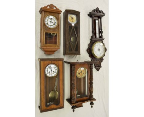 Four various wooden cased wall clocks and a barometer/thermometer (mostly in need of restoration) (5)