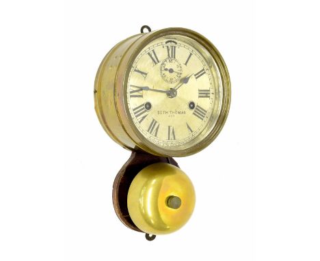 Seth Thomas two train wall alarm kitchen clock, the 5.5" silvered dial with subsidiary seconds dial within a drumhead casing 