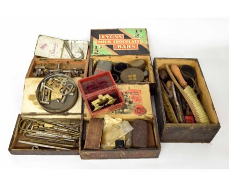 Quantity of various clock and watchmakers' tools, including depthing and hand tools; also a small quantity of old clock parts