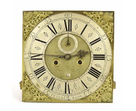 Eight day five pillar longcase clock movement, the 12" square brass dial signed Charles Harris, Peterbrow on the silvered cha