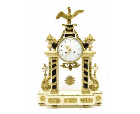 Good French white and black marble two train drumhead portico mantel clock, the movement back plate inscribed with the maker'