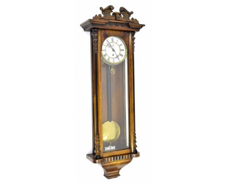 Vienna walnut and ebonised single weight regulator wall clock, the 6.25" white dial with subsidiary seconds dial, within a gl