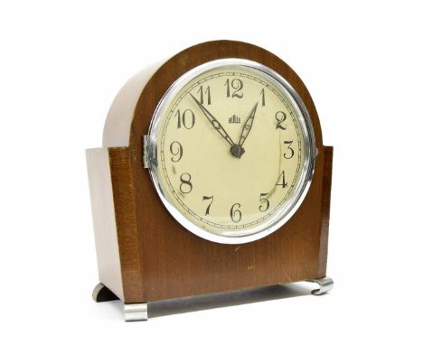 Bulle electric mantel clock, within an Art Deco style walnut case, 9.25" high