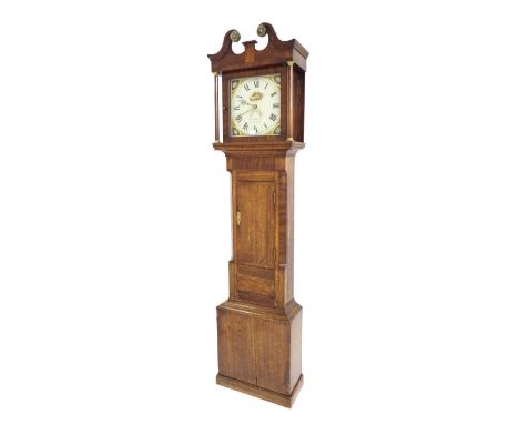 Mahogany and oak inlaid thirty hour longcase clock, the 12" square painted dial signed Josh Hollyoak, Smockington, the case w