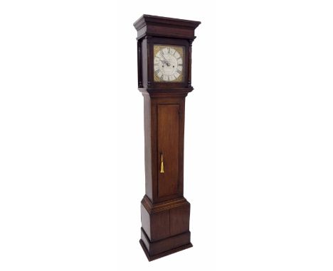 Oak eight day longcase clock, the 10" square brass dial with silver chapter ring enclosing a  silvered engraved centre signed