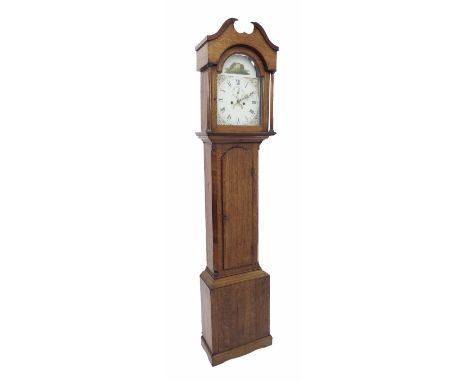 Oak eight day longcase clock, the 12" painted arched dial with subsidiary seconds dial and calendar aperture, painted with a 