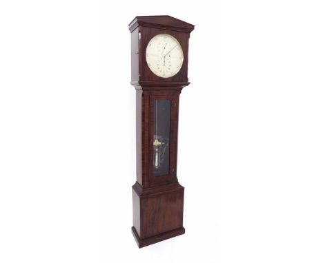 Fine English flame mahogany regulator longcase clock, the 12.5" silvered dial signed R.F. Cowderoy, London, with outer minute