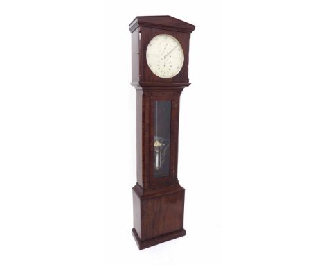 Fine English flame mahogany regulator longcase clock, the 12.5" silvered dial signed R.F. Cowderoy, London, with outer minute