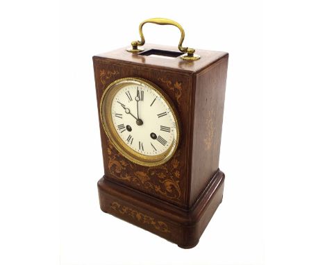 French rosewood and marquetry inlaid two train table clock, the movement with outside countwheel and striking on a bell, the 