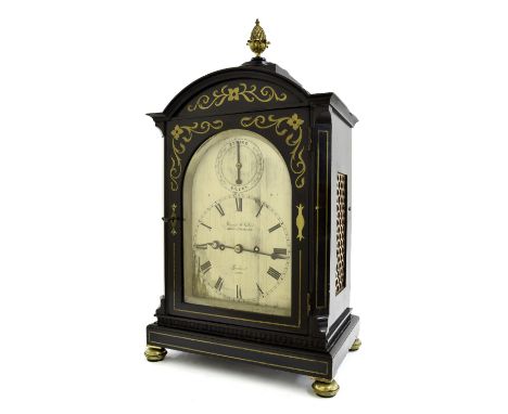 Good English ebonised double fusee bracket clock, the 7" silvered arched dial signed James McCabe, Royal Exchange, London no.