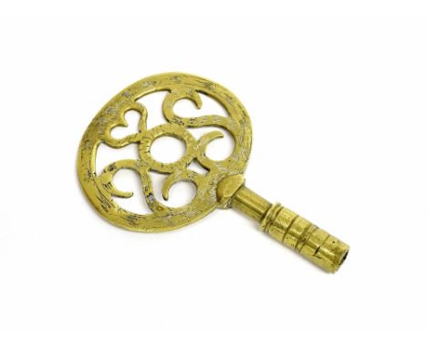 17th century pierced and engraved brass bracket clock key, 3.5" long