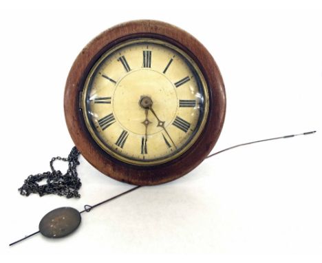Walnut postman's alarm 9" wall dial clock (pendulum and weight)