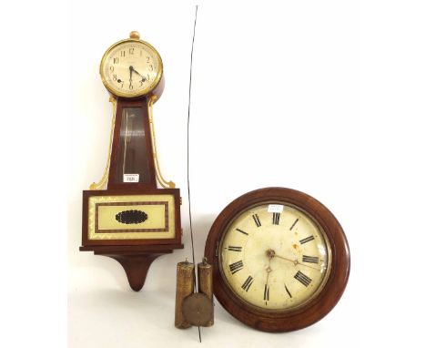 Seth Thomas two train banjo wall clock, 28" high (pendulum and key); also a postman's alarm wall clock (pendulum and two weig