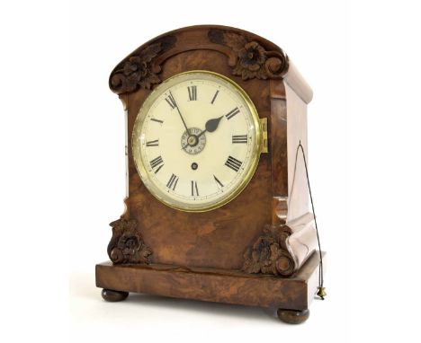 English figured walnut single fusee bracket clock, the movement with pull repeat and passing strike on a bell, the 6" cream d
