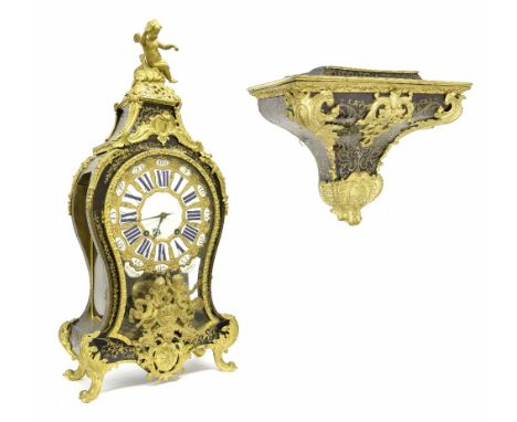 French boulle and ormolu two train balloon mantel clock and bracket, the 10" foliate engraved brass dial with Roman and Arabi