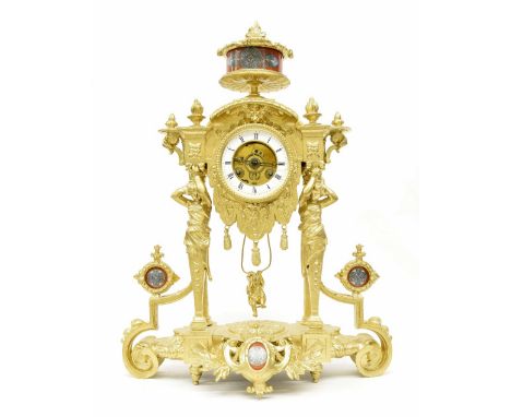 French gilt metal and porcelain mounted two train mantel clock, the Chappement movement with outside countwheel striking on a