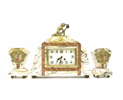 Art Deco coloured marble and gilt metal mounted two train mantel clock garniture, the S. Marti movement with outside countwhe