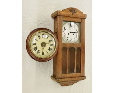 Postman's alarm wall clock, the 9" cream dial with centre alarm dial, within a stained wooden surround; also an oak case two 