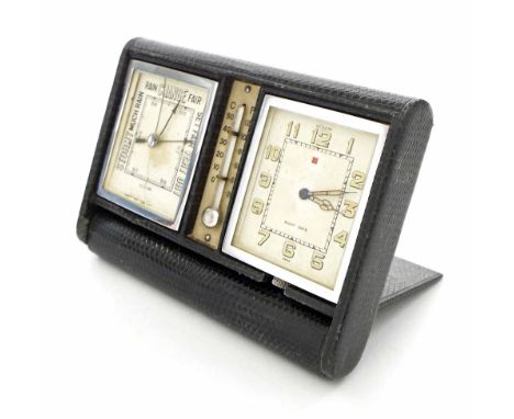 LeCoultre desk compendium within a green leather case, with eight day clock timepiece, barometer and thermometer, 12cm wide