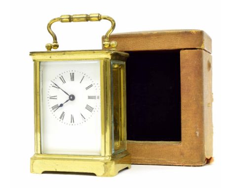 French carriage clock timepiece, within a corniche brass case, 5.75" high; also with Morocco tan leather travelling case