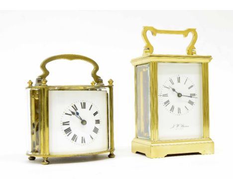 Contemporary carriage clock timepiece signed J.W. Benson, London, within a corniche brass case, 6" high; also a contemporary 