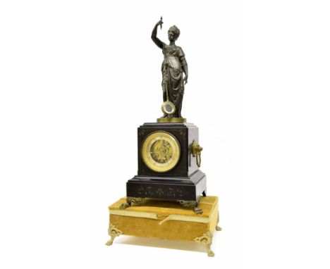 French black marble and gilt metal mounted figural two train mystery clock, the movement with outside countwheel striking on 
