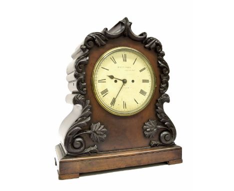 English mahogany double fusee bracket clock, the 8" cream dial signed Simpson... Gosport, within a scrolling foliate carved s