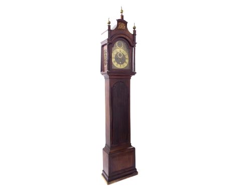 Mahogany eight day longcase clock with five pillar movement, the 12" brass arched dial signed John Ellicott on the gilt chapt