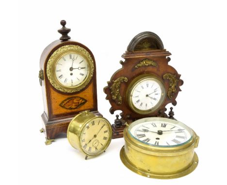 Mahogany and satinwood inlaid mantel clock timepiece, 12" high; also another mantel timepiece, drum cased timepiece with alar