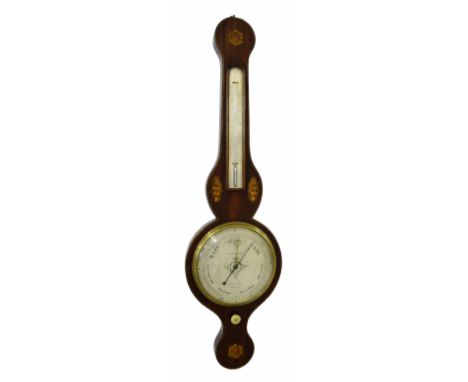 Mahogany inlaid barometer/thermometer, the 8" silvered dial signed F. Molton, Dove Lane, Norwich, within a shaped case inlaid