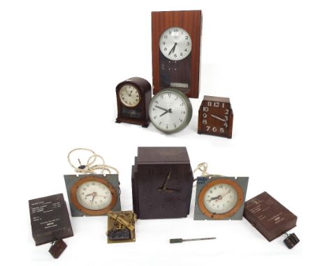 Electric wall master clock, the 7.5" silvered dial within a mahogany glazed case (pendulum); also five other various electric