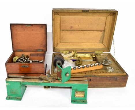 Fitted oak case containing lathe parts (no lathe); also another wooden box containing parts, various small clock tools, pendu