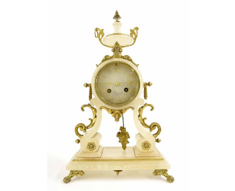 French alabaster and gilt metal mounted two train drumhead mantel clock, the 3.25" dial signed Bernard á Loulians, upon curve