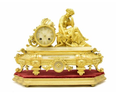 French alabaster and gilt metal drumhead and figural two train mantel clock, the Japy Freres movement striking on a bell, the