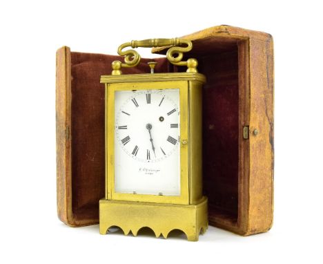 Interesting quarter repeating carriage clock signed A. Offenberger, Wien, within a brass case, 5.5" high; also with a tan lea
