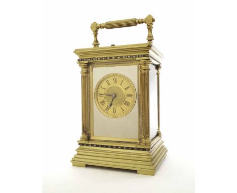 Good French repeater carriage clock striking on a gong, the movement back plate bearing the Richard & Co trademark logo, the 