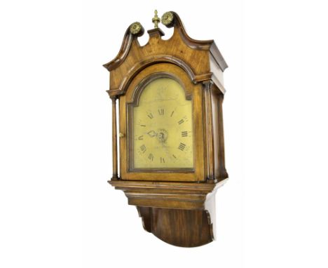 Mahogany hooded wall clock, the 8" brass arched dial signed Rice Wasbrough, Bristol, with centre alarm dial and engraved with