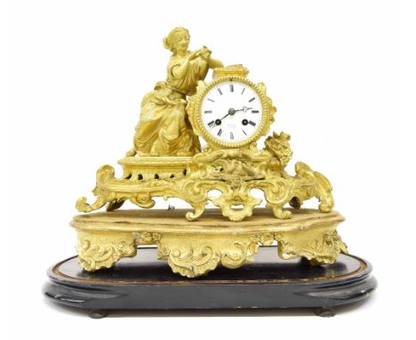 French gilt metal figural two train mantel clock striking on a bell, the movement and 3.5" white dial both signed Henry Marc 